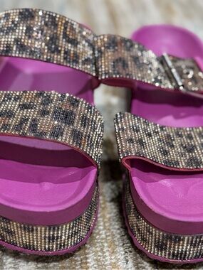 Cape Robbin Pink Platform Sandals with Rhinestone Leopard Straps